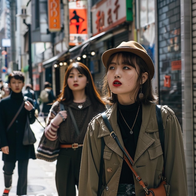 Photo a woman in a brown hat is standing in front of a store with a sign that says  chinese characters