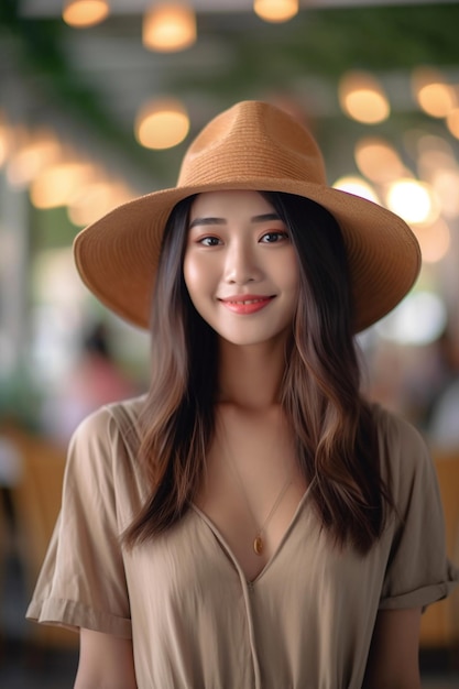 A woman in a brown hat stands in front of a table with lights in the background.