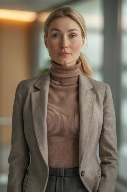 A woman in a brown jacket and a brown sweater