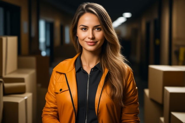 Woman in brown jacket is standing in room Generative AI