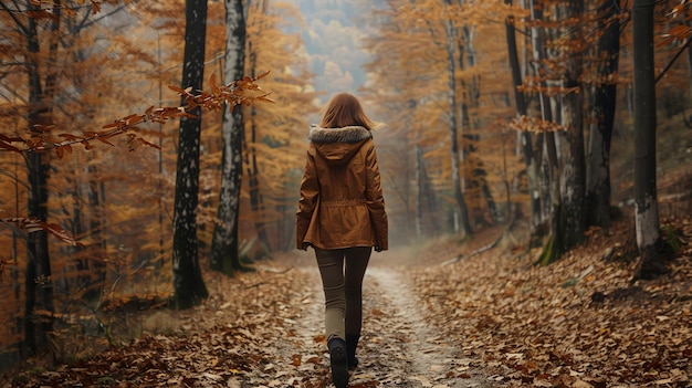 Woman in a brown jacket walks on a path through a fall forest