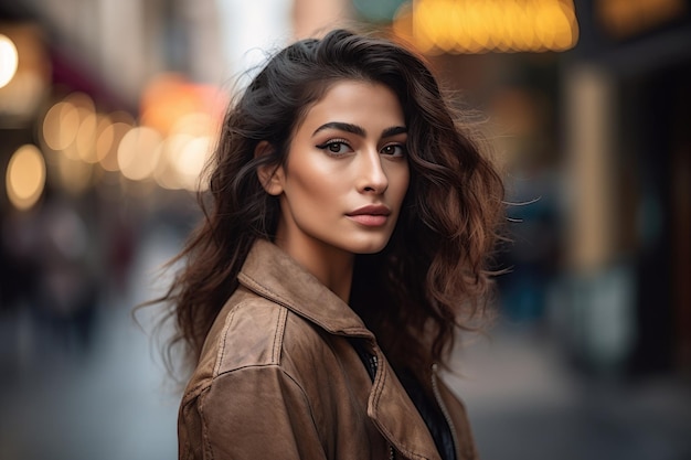 A woman in a brown leather jacket stands on a city street.