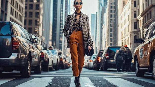 a woman in a brown pants and a jacket is walking down a street