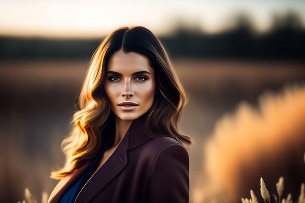 A woman in a brown suit stands in a field of wheat.