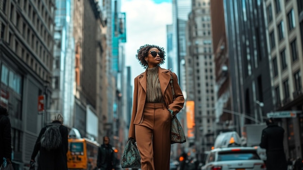 a woman in a brown suit stands on a street