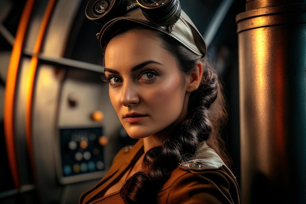 A woman in a brown uniform and a hat with the word science on it