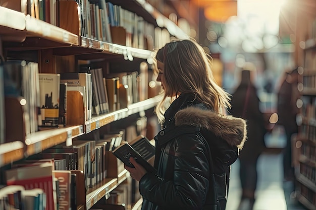 Photo woman browsing book shelves in a bookstore during the day