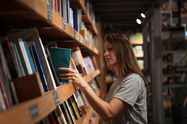 Woman Browsing Bookshelf in a Bookstore