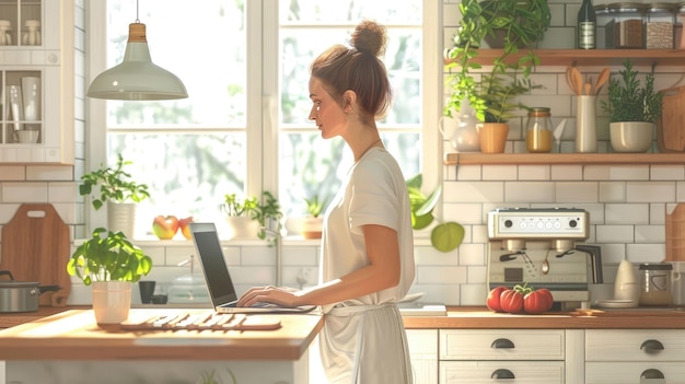 Photo woman browsing healthy recipes on laptop in bright and sunny kitchen