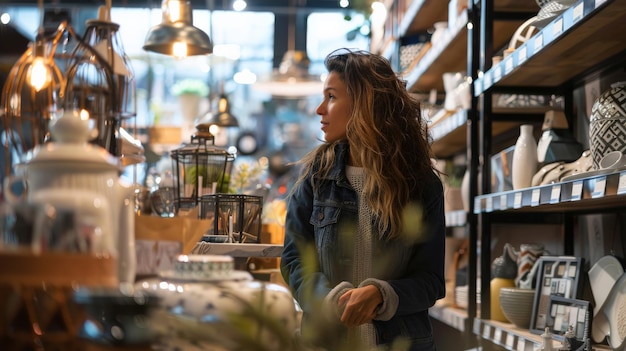 A woman browsing through a home decor store looking at furniture and decorative items