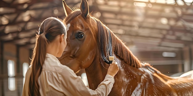 A woman brushes her horses mane in the barn Concept Animals Equestrian Bonding Rural Life Caretaking