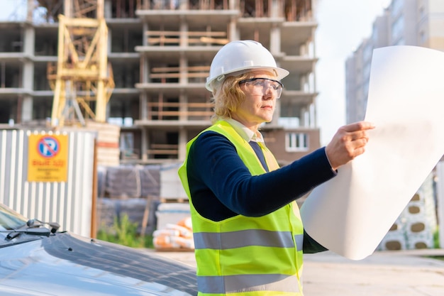 A woman Builder at a construction site inspects a building