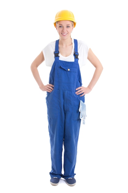 Woman in builder uniform isolated on white background