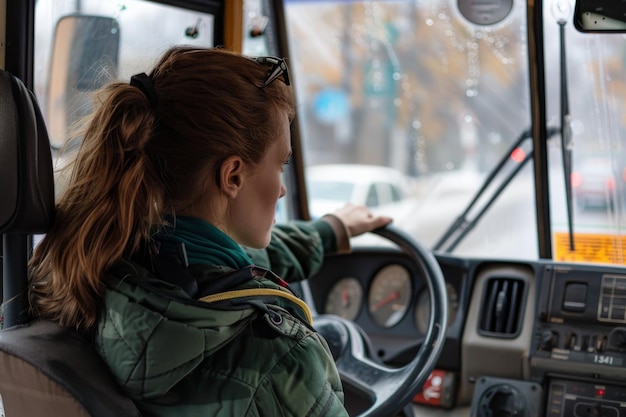 Photo woman bus driver navigating through city traffic at dusk