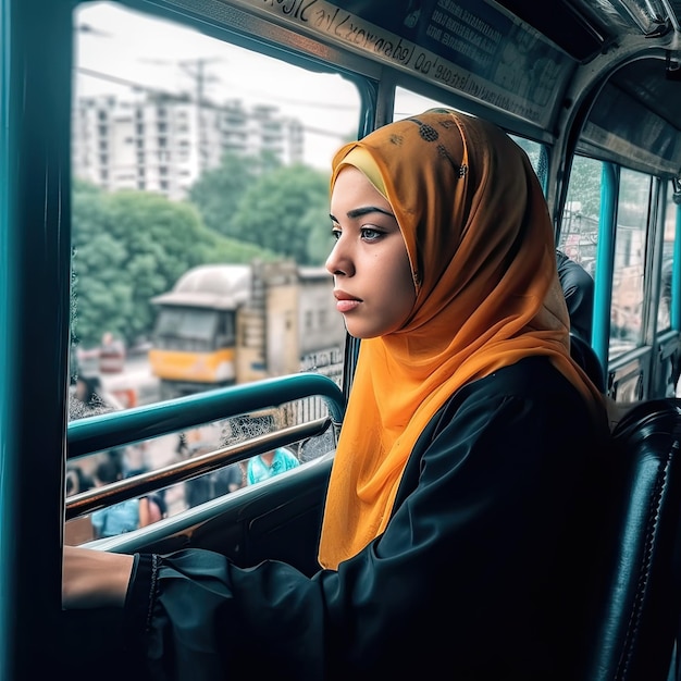 A woman on a bus looks out the window.