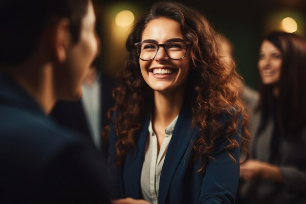 Woman in business clothes and glasses shaking hands with her partner professional environment