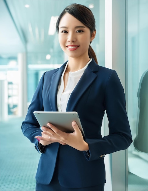 a woman in a business suit is holding a tablet and smiling