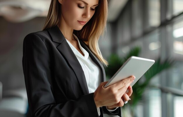 Photo a woman in a business suit is holding a tablet with a picture of a woman on the screen