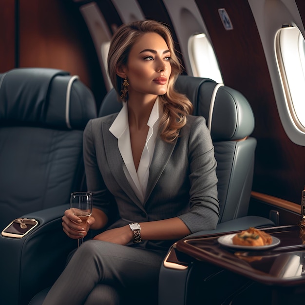 A woman in a business suit is sitting in a plane with a plate of food on it.