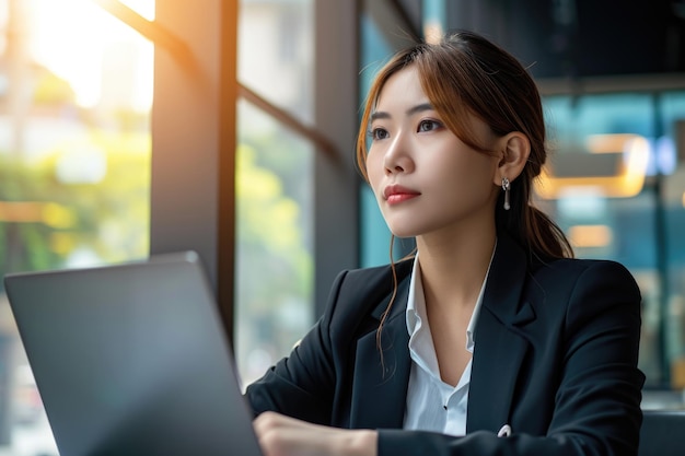 Woman in business suit is sitting at table with laptop in front of her