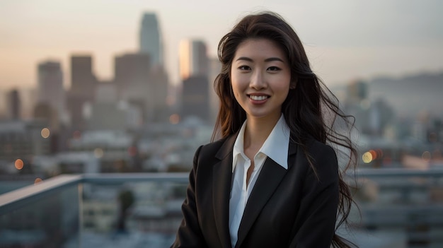 A woman in a business suit is smiling at the camera