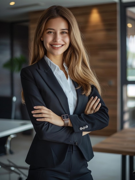 Photo a woman in a business suit is smiling and posing for a photo