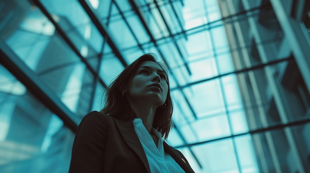 A woman in a business suit is standing in a large