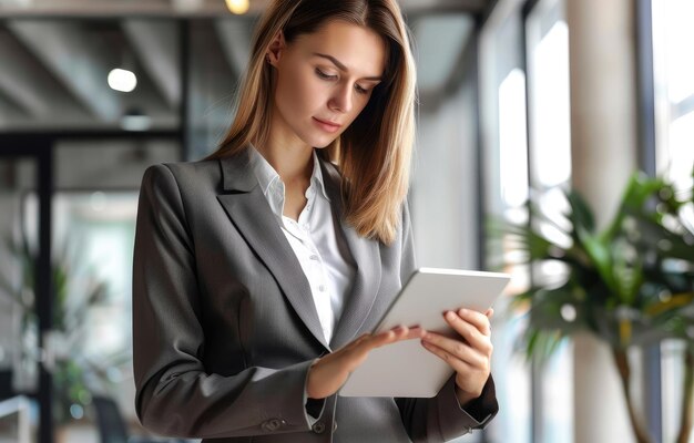 Photo a woman in a business suit is using a tablet with a picture of a plant in the background