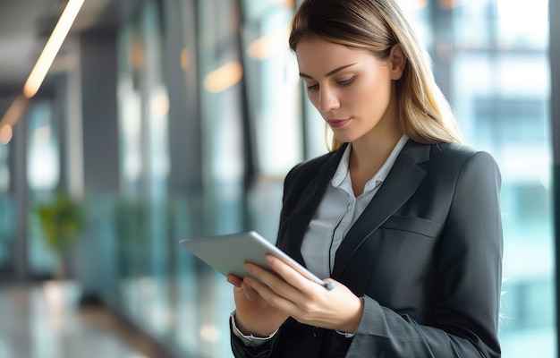 Photo a woman in a business suit is using a tablet