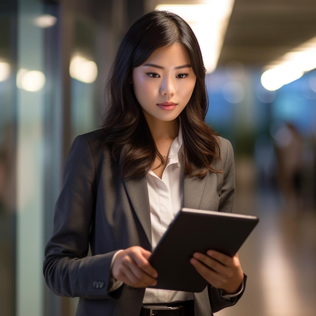 A woman in a business suit is using a tablet.