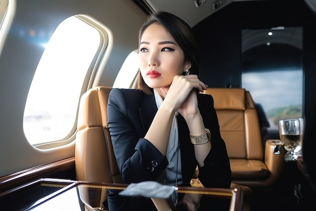 A woman in a business suit looks out of a window in a private jet