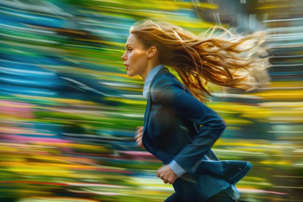 Photo a woman in a business suit runs through a vibrant cityscape her hair flowing behind her as the background blurs in a whirlwind of color and motion