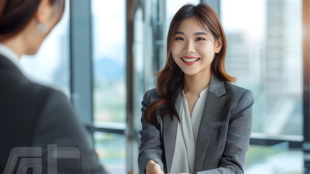 A woman in a business suit shakes hands with another woman