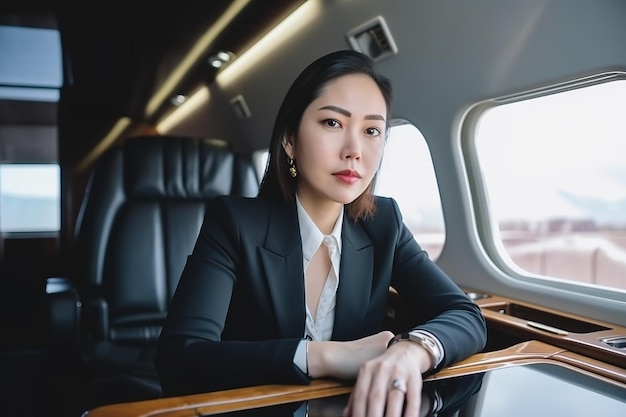 A woman in a business suit sits in an airplane with the window open