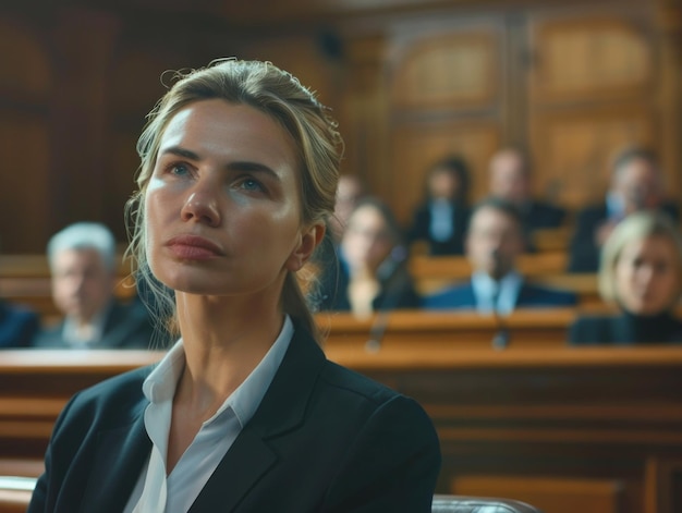 Photo a woman in a business suit sits in a courtroom ready for a hearing or trial