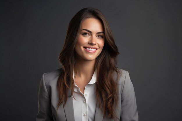 a woman in a business suit smiling at the camera