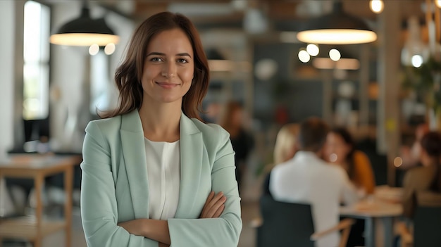 A woman in a business suit standing in an office