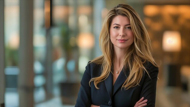 A woman in a business suit standing in an office