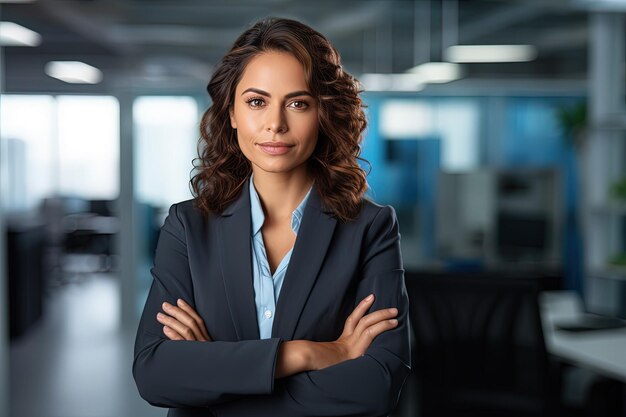 A woman in a business suit standing with her arms crossed