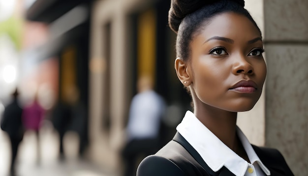 A woman in a business suit stands in front of a building.