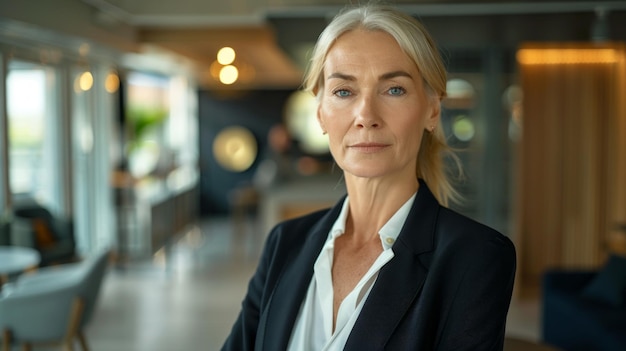 A woman in a business suit stands in front of a wall with a potted plant