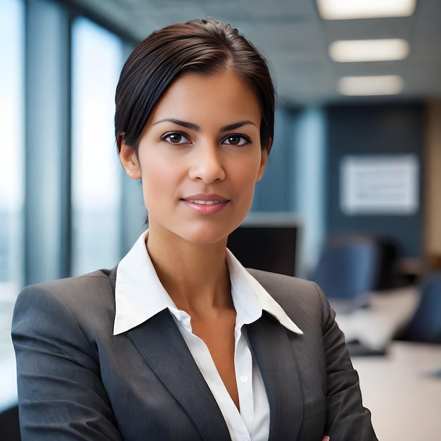 a woman in a business suit stands in an office with a sign on the wall behind her