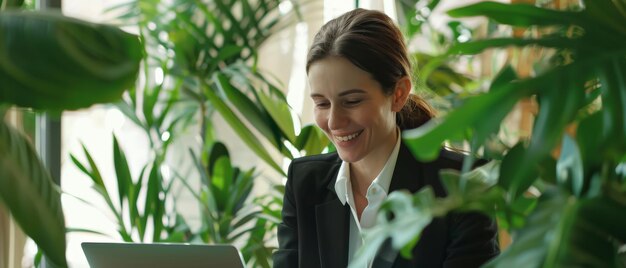 Photo a woman in a business suit works joyfully on her laptop amidst lush green plants creating a vibrant productive atmosphere