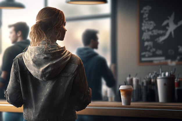 A woman buying coffee at the coffee shop Generative AI