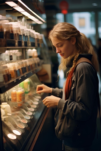 a woman buying a coffee stock photo photograph