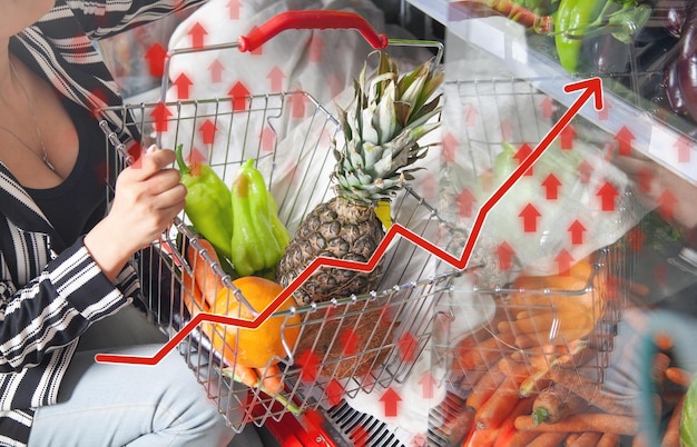 Woman buying fruits Growth prices of fruits with arrows