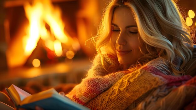 Photo woman by fireplace with tea and book cozy and content high resolution concept cozy winter vibes woman relaxing fireplace scene tea and book contentment