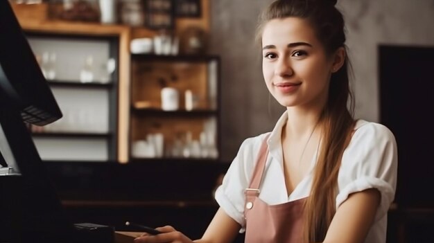 A woman in a cafe wearing an apron sits at a coffee machine.