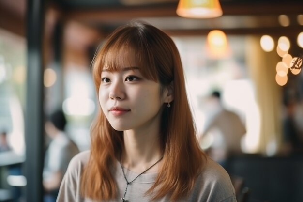 A woman in a cafe with a light gray shirt and a white necklace.