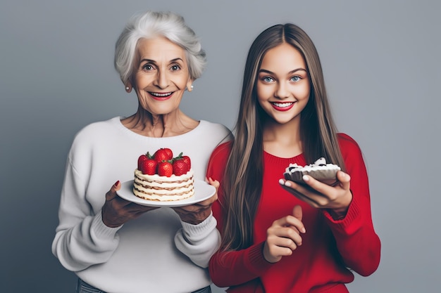 A woman and a cake with a woman holding a plate of fruit